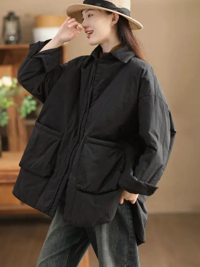 

Women's Thiened Texture Cotton Jaet Mid-Length Warmth-Filled Coat Korean Sle Straight Cut Long Sve Zipper Closure