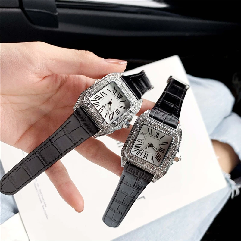 Brand Wrist Watches Man Woman Unisex Square Diamond Crystal Style Quartz Black Leather Strap Luxury Clock