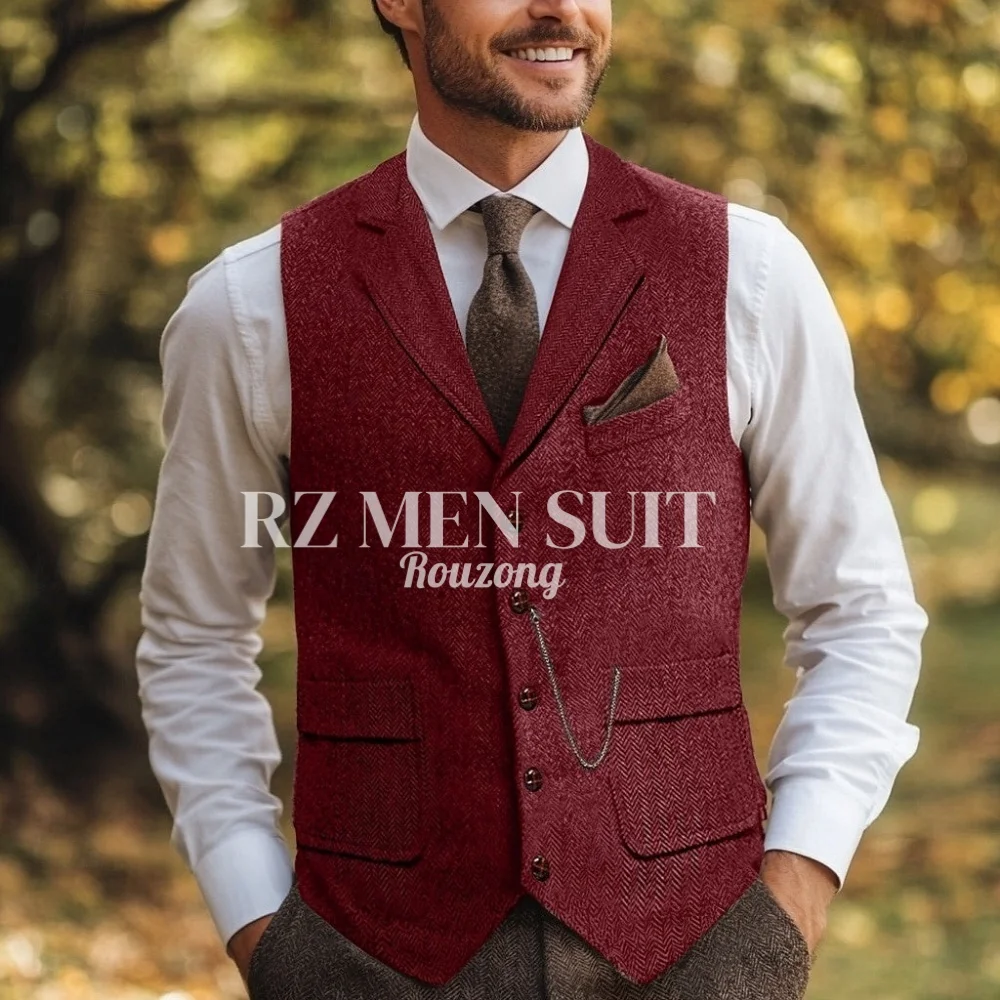 Fotografia 6: Colete Masculino de Tweed com Estampa Chevron, Ajuste Padrão, Lapela Notch, Abotoamento Simples com Cinco Botões