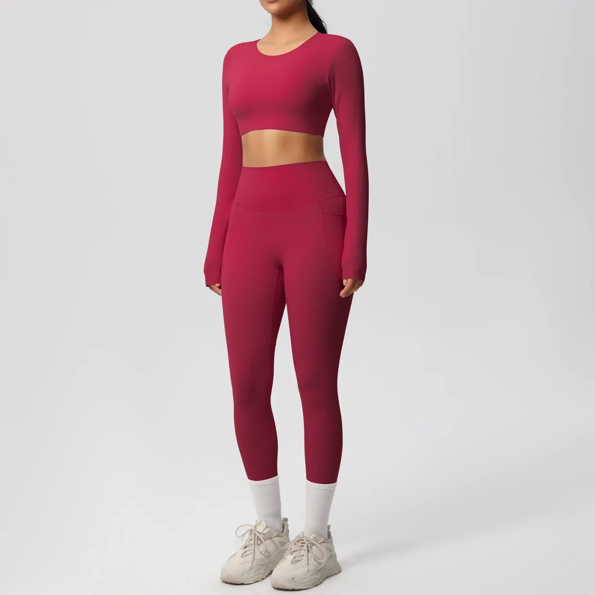 ชุดโยคะชุดสตรีชุดกีฬาเสื้อผ้าโยคะฟิตเนสแขนยาวเบาะTracksuitsชุดกีฬาGym Top Highเอวกางเกงขายาวกระเป๋า