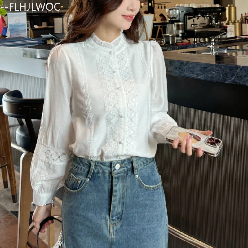 Floral évider Crochet dentelle hauts Blusas 2025 mignon doux filles Chic corée vêtements col montant rétro Vintage femmes chemise blanche
