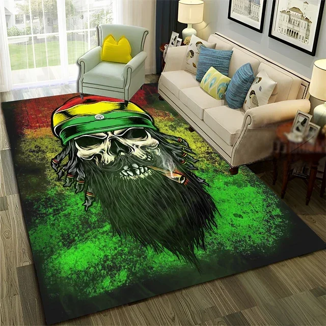 Smoke Maple Weed Plants Green Death Skull Carpet Rug for Home Living Room Bedroom Sofa Doormat Decor,Area Rug Non-slip Floor Mat