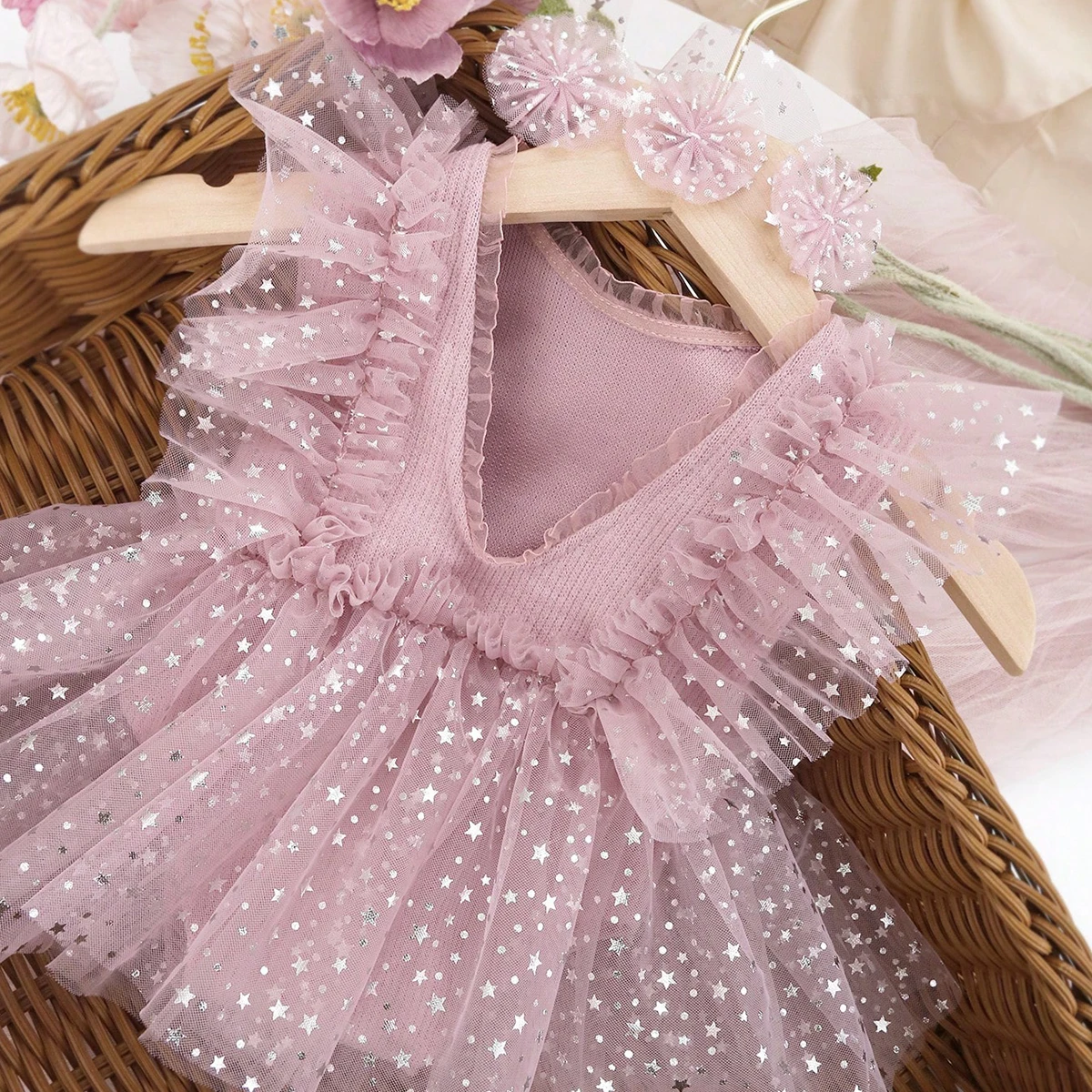 Ylsteed Violet Newborn Outfit for Pictures Knitted Infant Photography Romper with Matching Headbands Mesh Dress Portrait Props