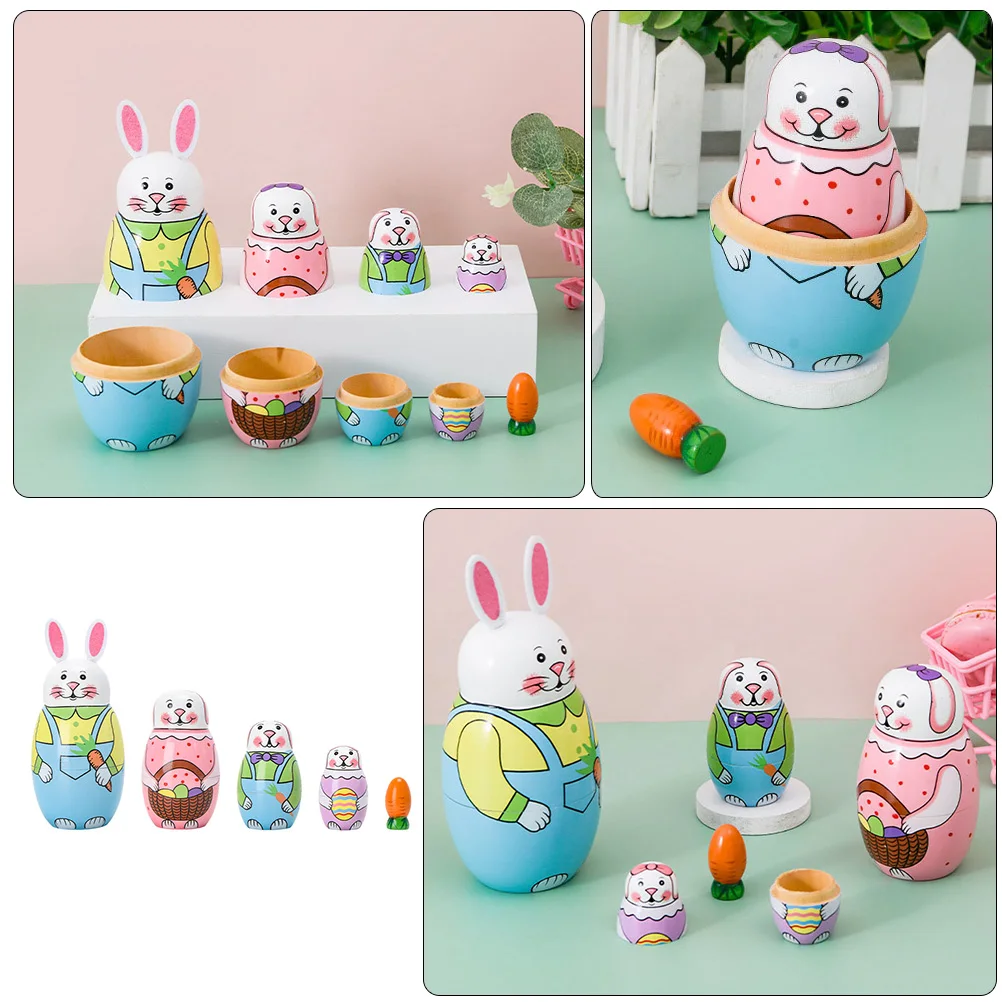 

Painted Bunny Nesting Wooden Matryoshka Toys Kids Decor Crafts Home Cartoon Russian Stacking Safe Lovely Unique