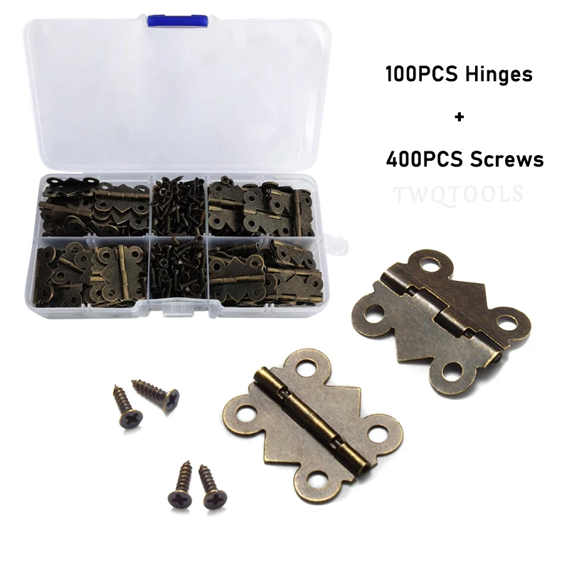 100PCS Mini Hinges with 400pcs Screws M2x8 Antique Bronze Vintage Wooden Jewelry Box Butterfly Iron Hinge 24x21mm