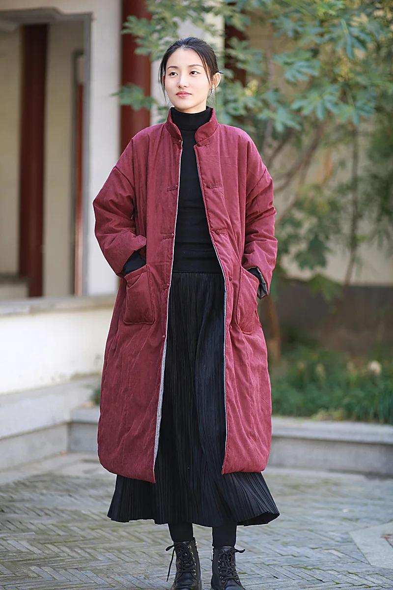 Vintage Harajuku 100% Cotton Coat Women Warm Autumn Winter Clothes Long Parkas Single-breasted Pockets Stand-up Collar Jackets