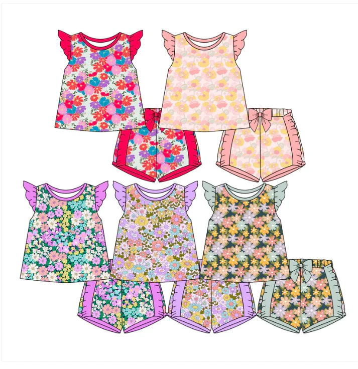 Fashion Boutique Floral Print Summer Baby Girl Clothes Flutter Sleeves Short Bow Girl Set Casual 2 Piece Set Milk Silk