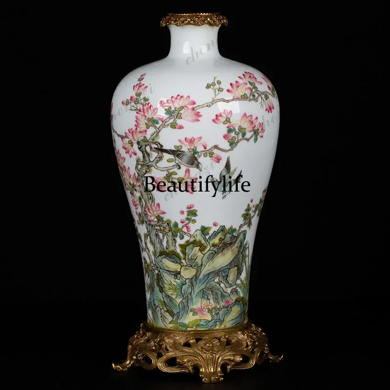 A95 Hand painted pastel magpie golden cherry blossom plum vase Jingdezhen porcelain pair vase Chinese ornament