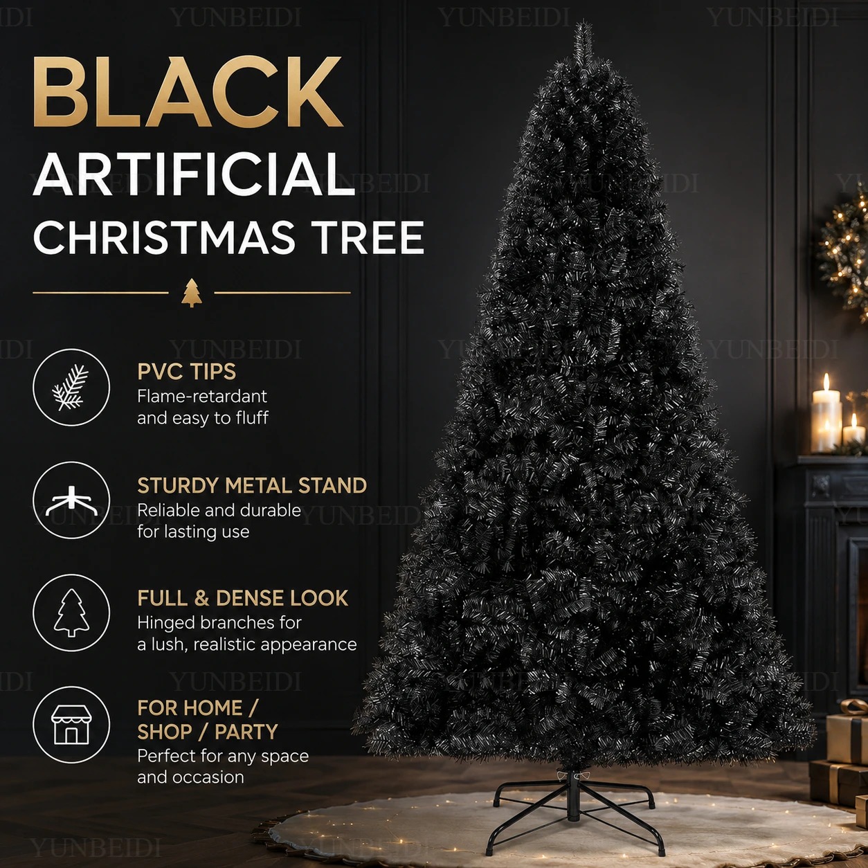 Schwarzer künstlicher Weihnachtsbaum aus PVC, verschlüsselt mit LED-Lichtern, großer Weihnachtsbaum von 120 cm bis 210 cm, Familien-Weihnachtsdekorationen