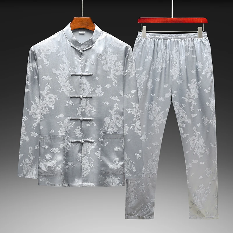 Frog Button Tang Costume 2 Piece Set Man Shirt&Pant Lightweight Summer Quality Genuine Silk 100% Coolness Conjunto Verano Hombre