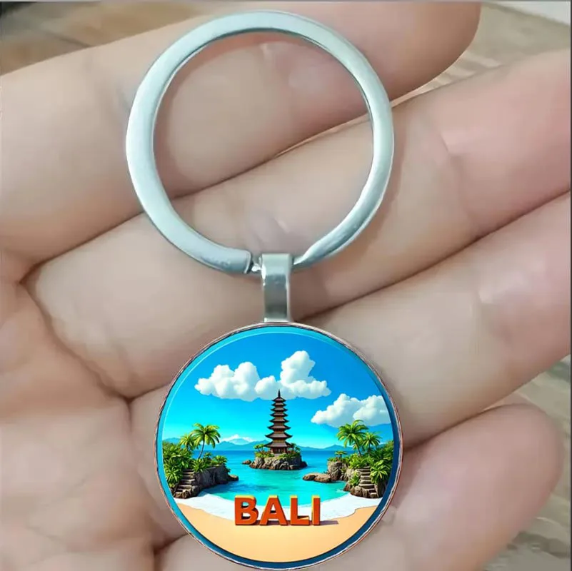 Porte-clés rond, porte-clés sur le thème de la plage paisible de style Bali, cadeau idéal pour les anniversaires, les souvenirs de voyage et les fêtes d'été. Ro