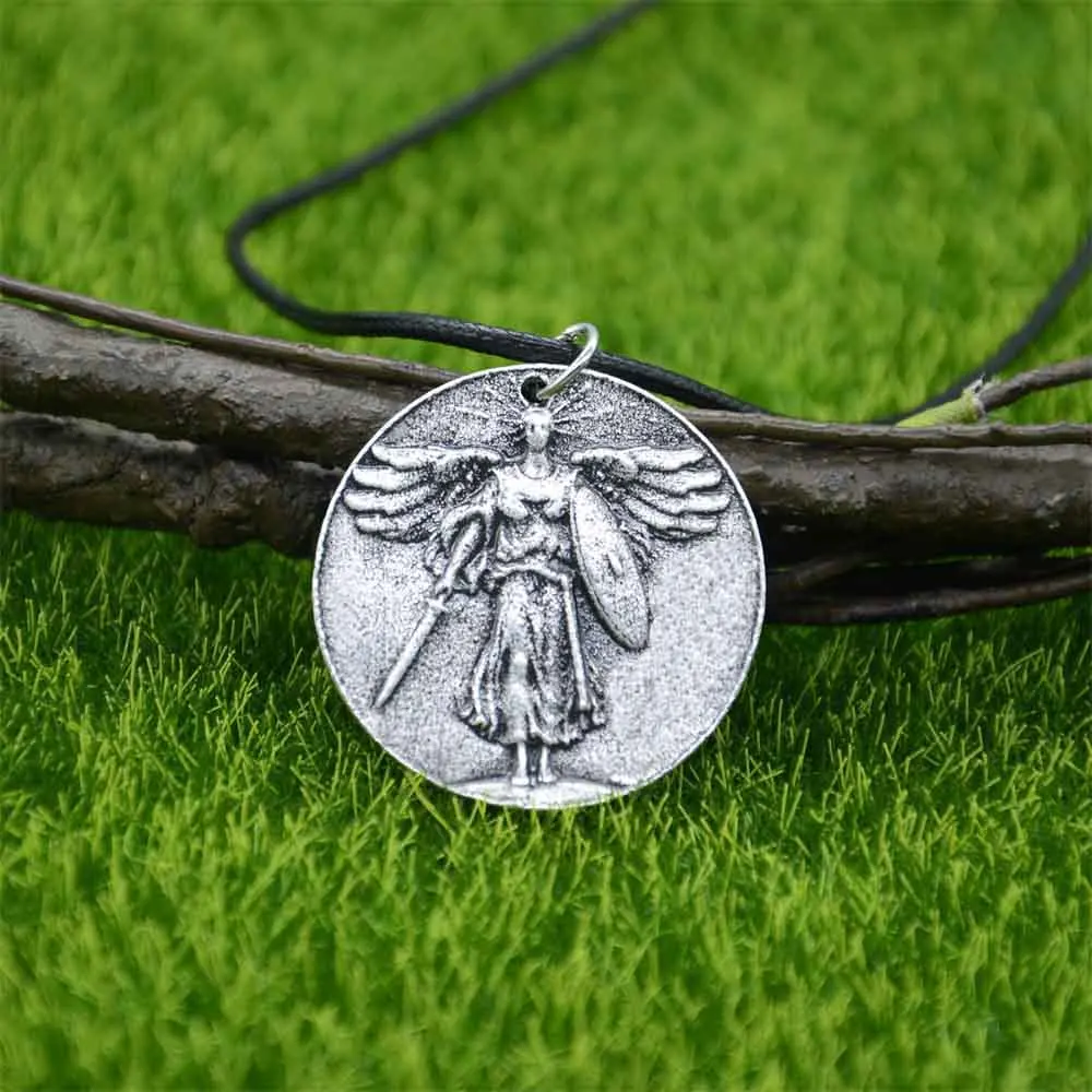 Retro Archangel With Sword And Shield Pendant Vintage Necklace Different Countries Names On Back