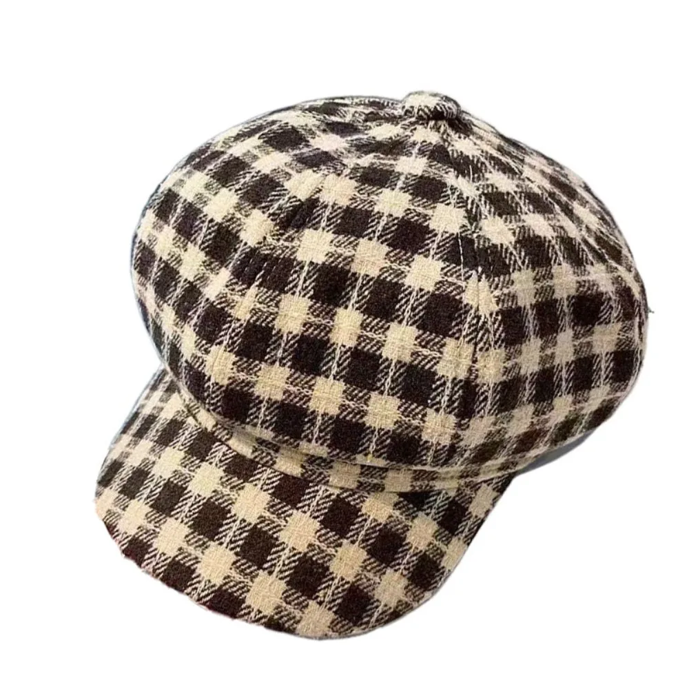 Sweet Korean Style Plaid Beret Hat Small Fragrant Style Lattice Women Painter Hat Keep Warm Women Octagonal Cap Girl