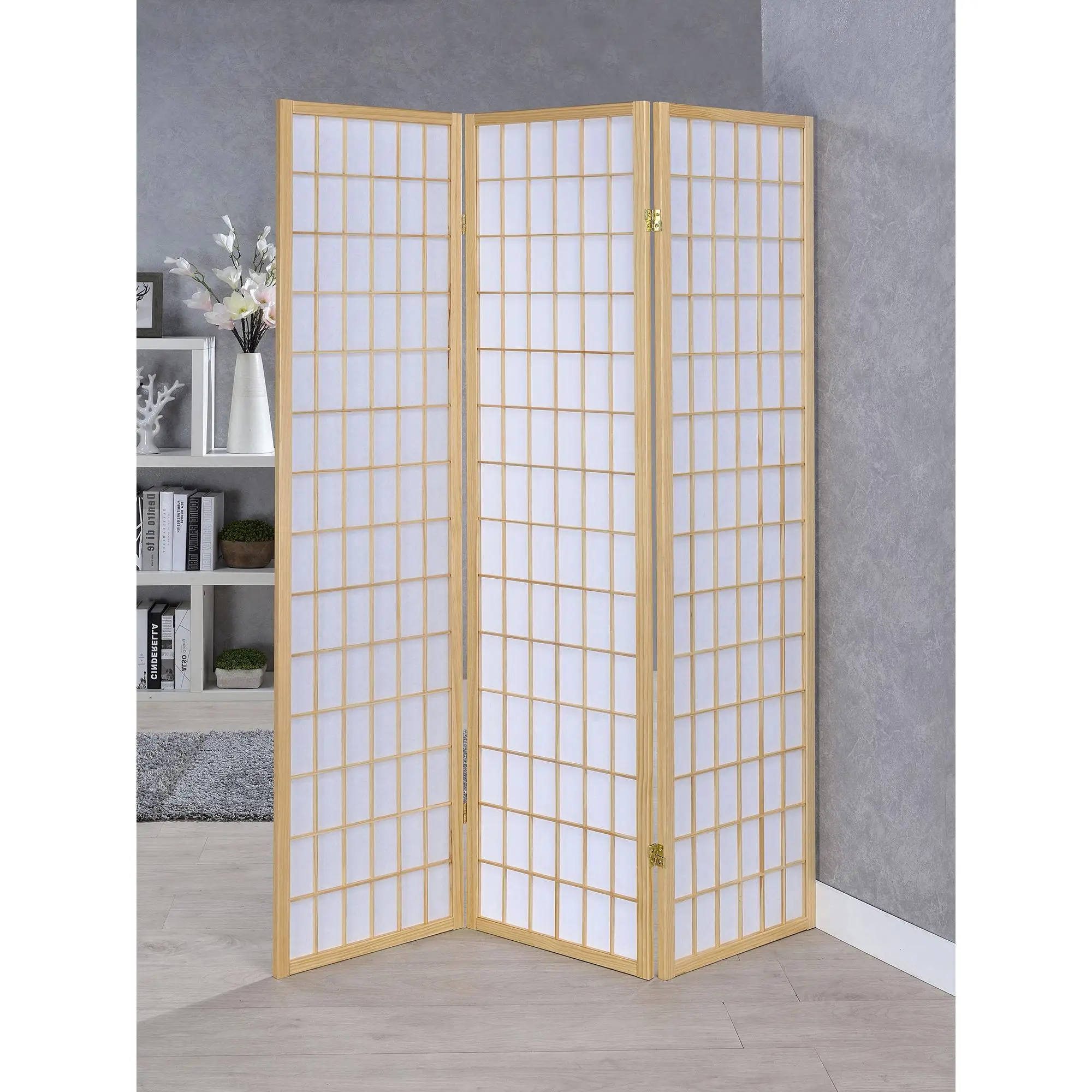 Biombo Plegable Natural de 3 Paneles con Marco de Madera de Caucho y Paneles de Papel Blanco