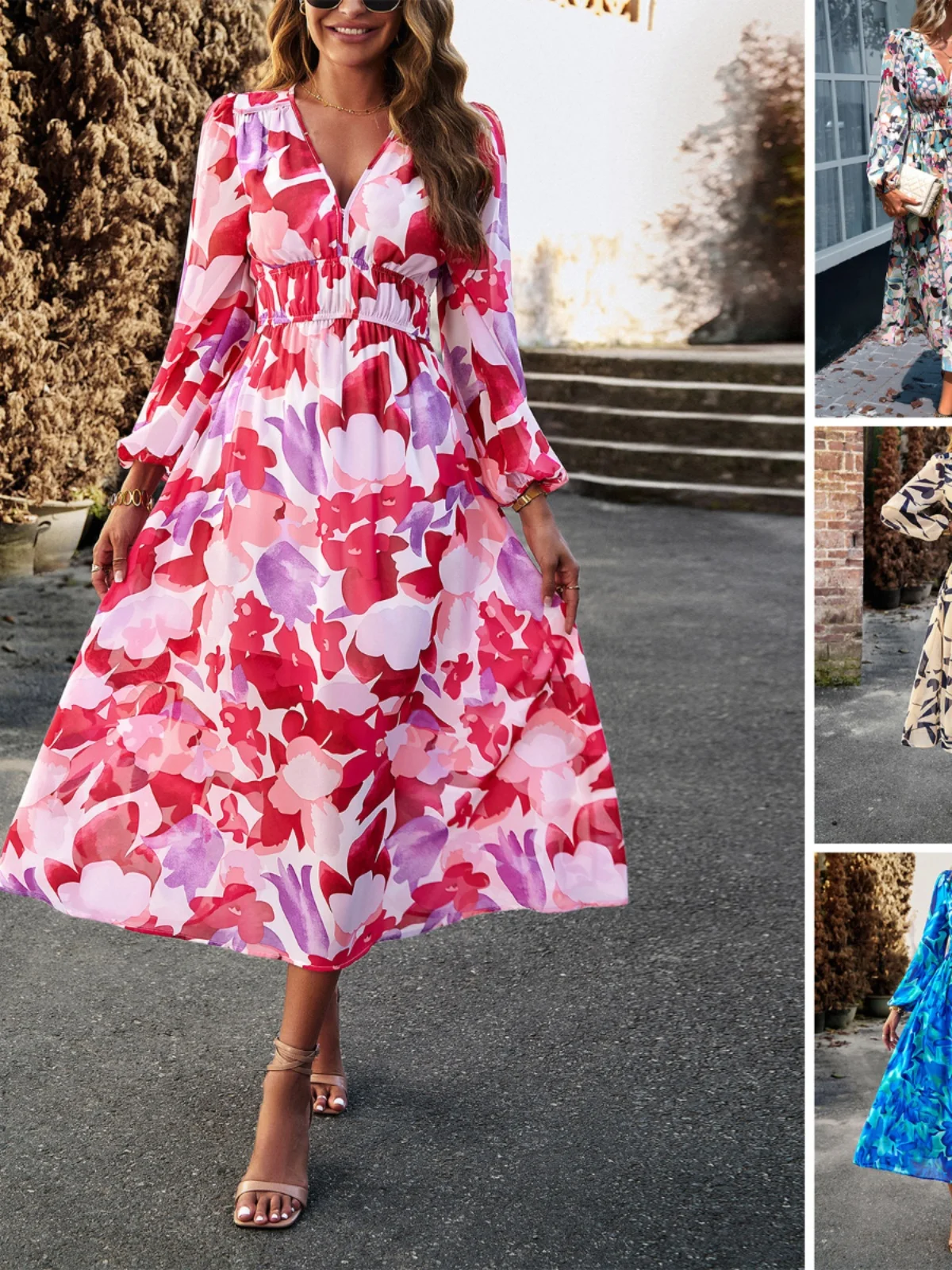 Summer Casual Loose V-ne Print Dr Women's Floral Skirt Sweet High Waist A-line Long Sve Maxi Dr