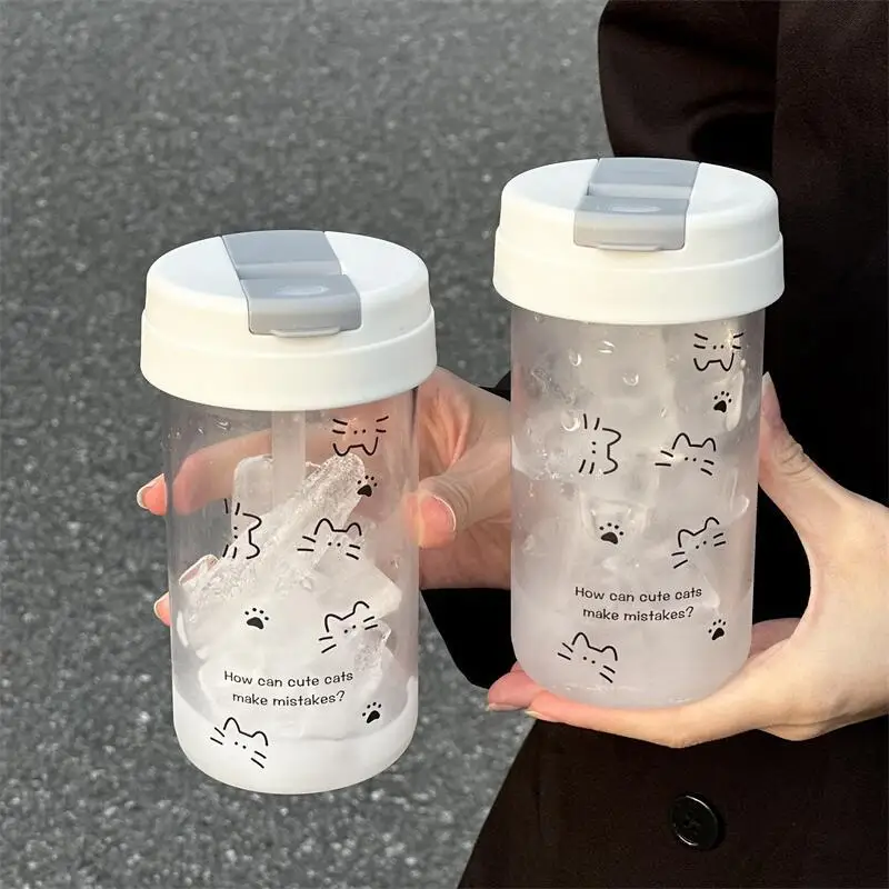 500ml Cute Cat Print Leakproof Straw Cup Portable Reusable Water Bottle for Women Girls Coffee Milk Juice Office School Travel view 5