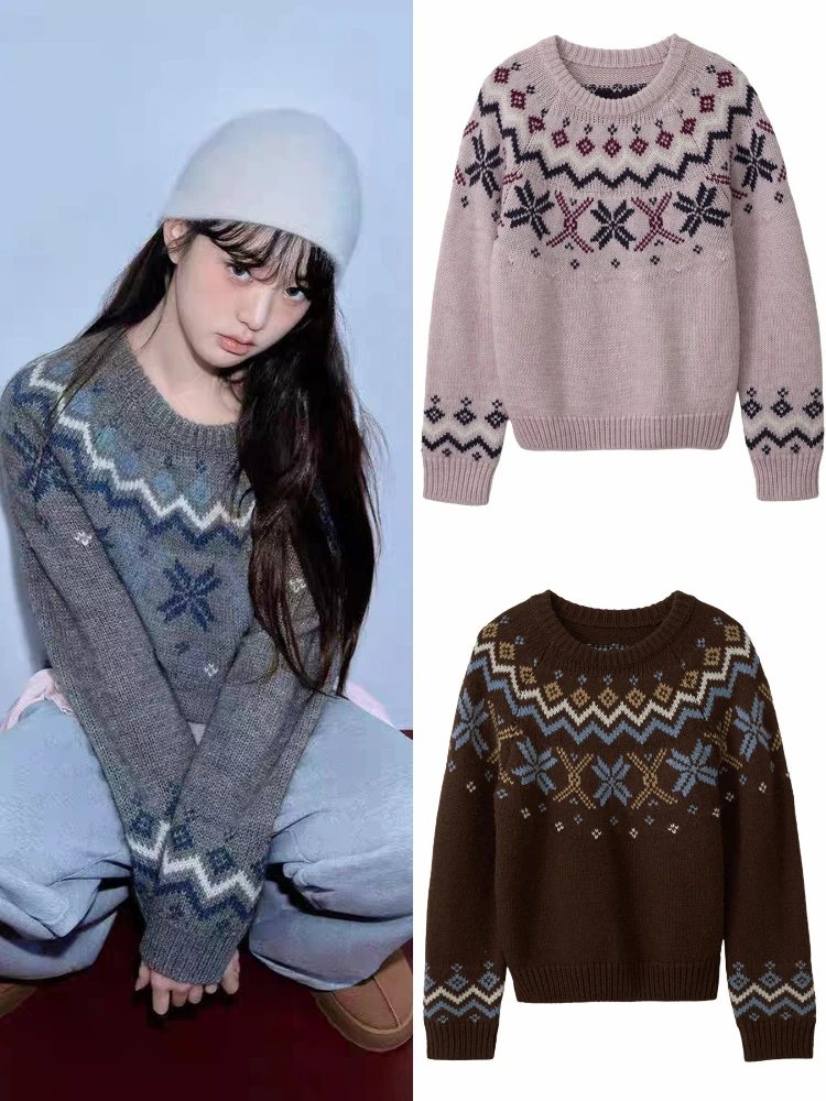 

Soft Cozy Dongdaemun Zhang ng Embroidered Knitted Sweater Women's Loose Vintage Overhead Woolen Long Sve round Ne Top