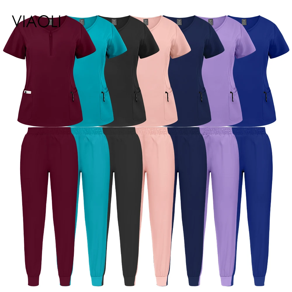 atacado-vestuario-medico-esfrega-conjunto-uniforme-feminino-verao-ziper-trabalho-topos-calcas-roupas-hospitalares-uniformes-cirurgicos-com-bolso