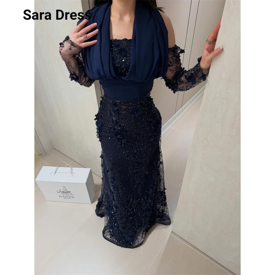 Sara Custom Navy Blue 3D Flowers Lace Fishtail Prom Luxury Dresses for Luxury Party Formal Dress 2026 Woman Women Evening Dress