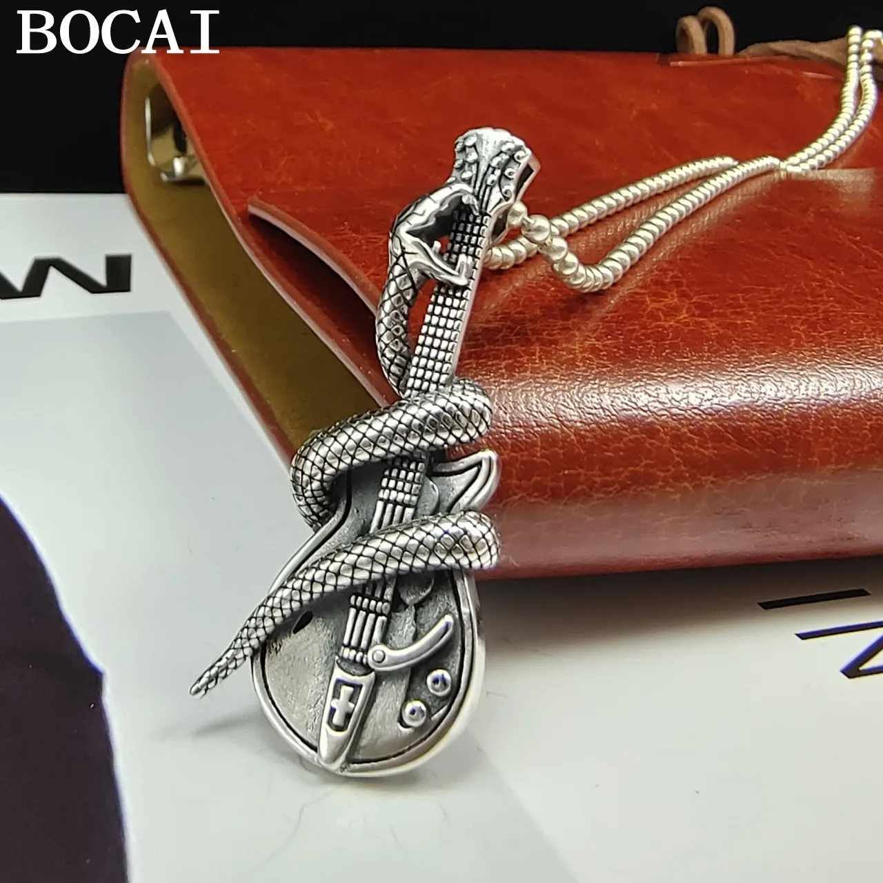

BOCAI NEW S925 Sterling Silver Vintage Personality Snake Shaped Plate Guitar Pendant