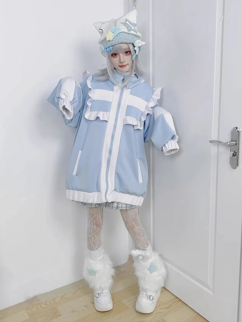 

Japanese Coat for Women Patchwork Long Sleeve Oversized Outwear Y2k Tops Preppy Style Casual Fashion Ruffles Lolita Y2k Jackets