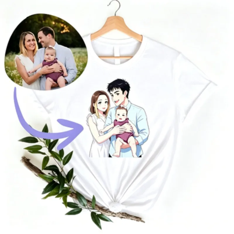 Custom Anime Portrait T-Shirt Personalized Cartoon Drawing From Photo Custom Family Cartoon Art Custom Family Kids TShirt Summer