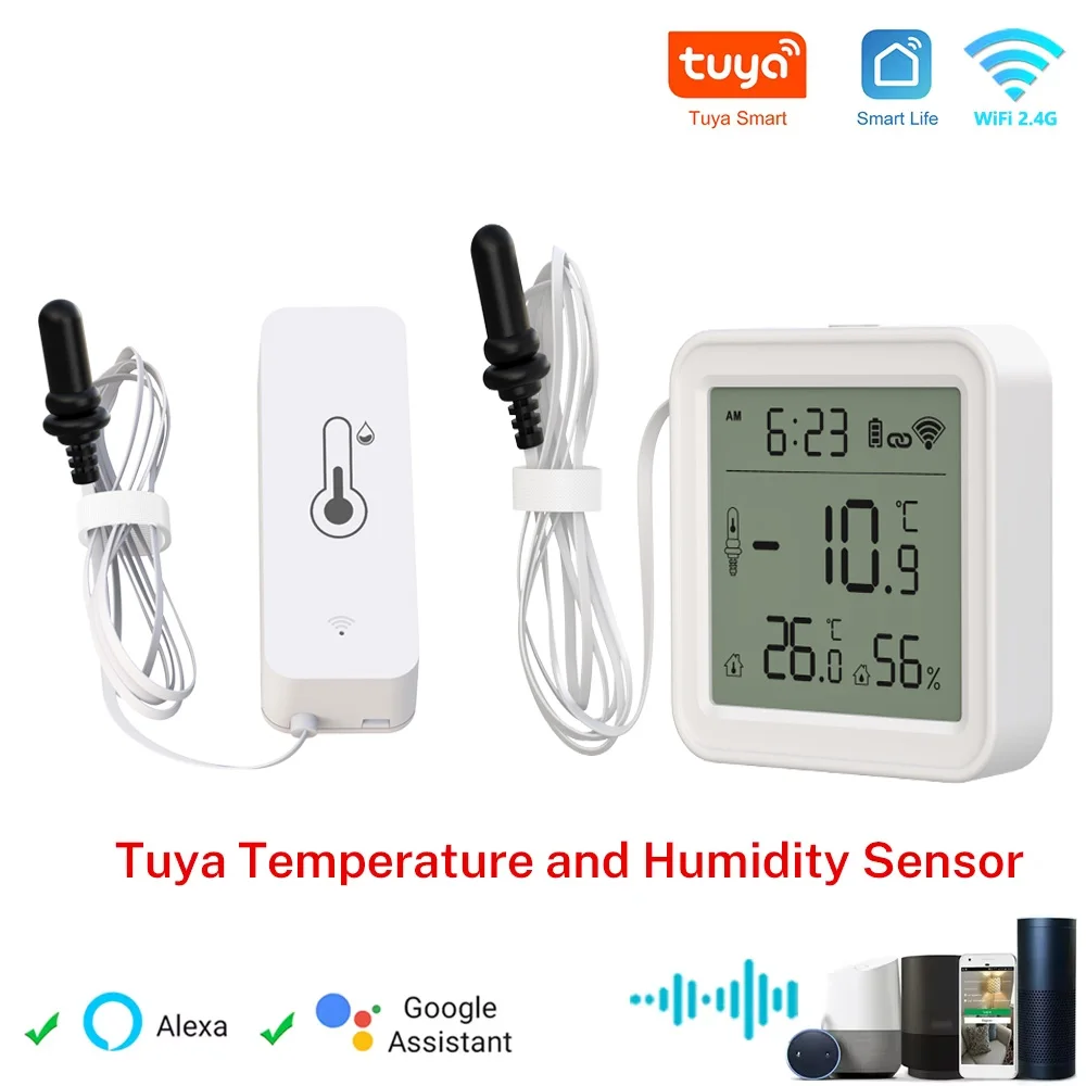 Tuya WiFi Temperature Humidity Sensor with Waterproof Probe for Refrigerator Freezer Aquarium, Smart Life App Remote Monitor
