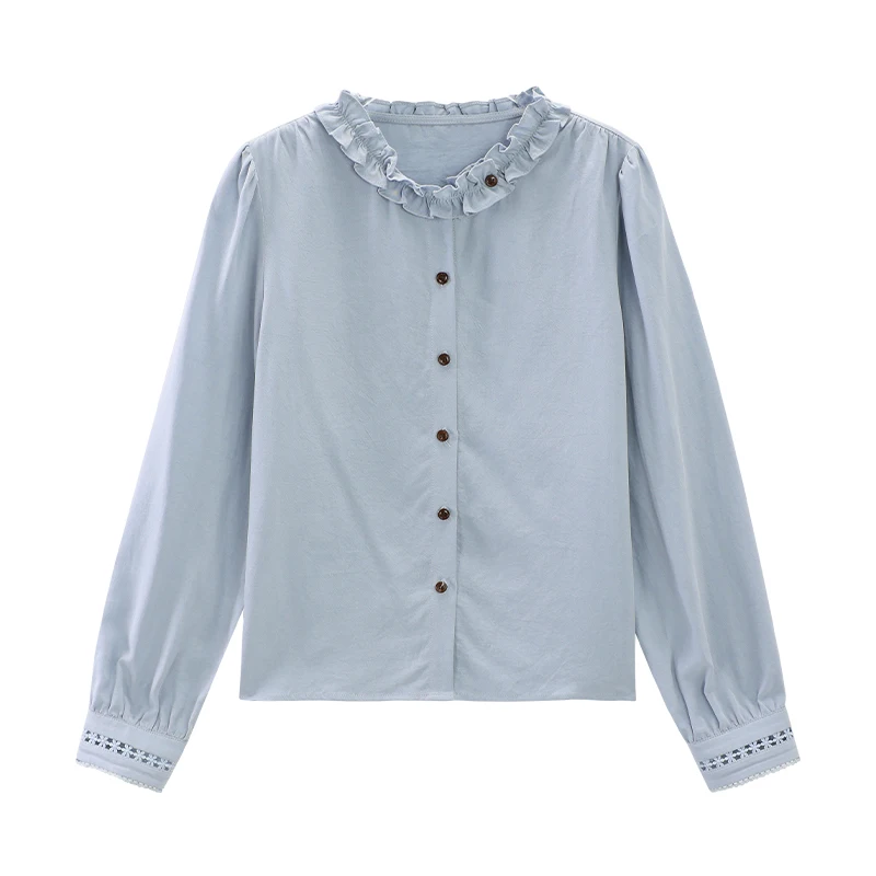 ALXNAN Women's Apricot Shirts Ruffle Trim Round Neck Hollow Out Sleeve Cuffs Blouse New Versatile Fashion Ladies Tops L569166-1