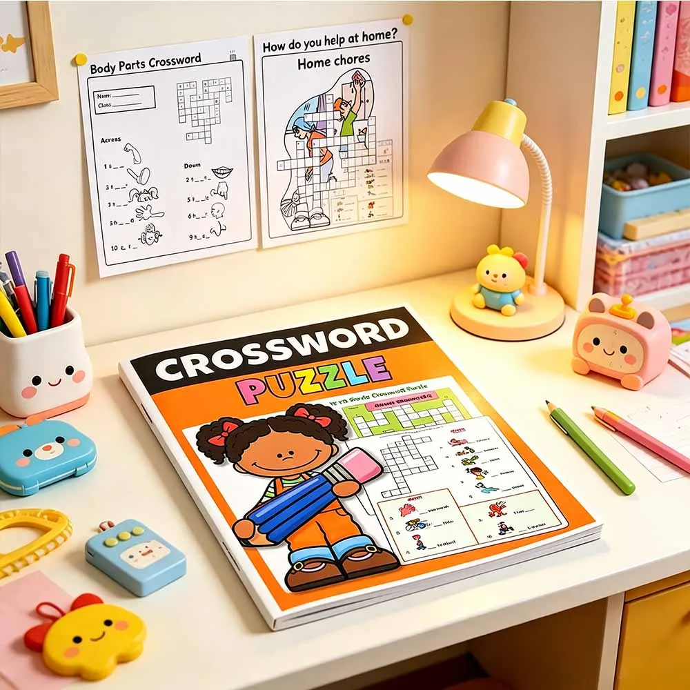 Kids Crossword Puzzle Book - 40 Pages Fun Math English Colors Learning, Educational Word Games for Children, Gift