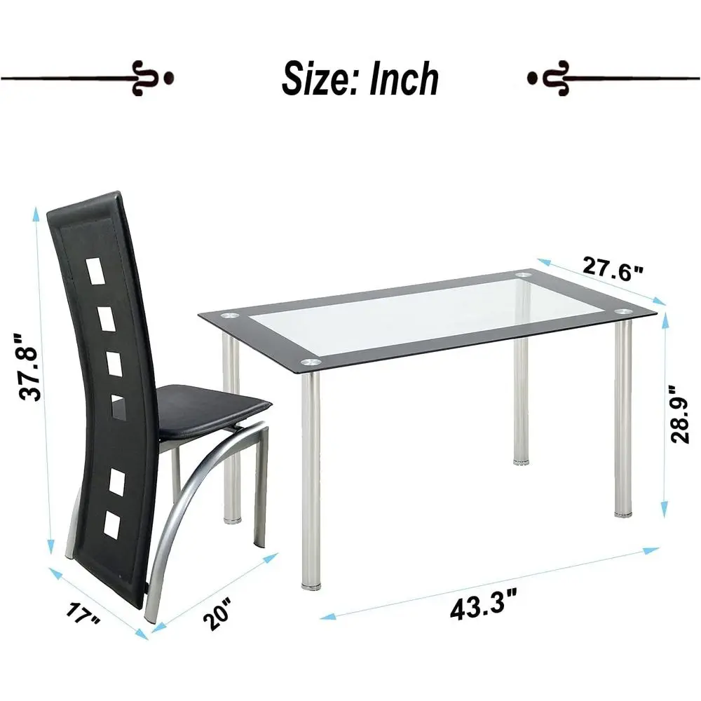 طقم طعام حديث من الزجاج المقسى لـ 4 أشخاص، تصميم مدمج للمساحات الصغيرة، شفاف وأسود، 110 سم مع الفولاذ المقاوم للصدأ وP