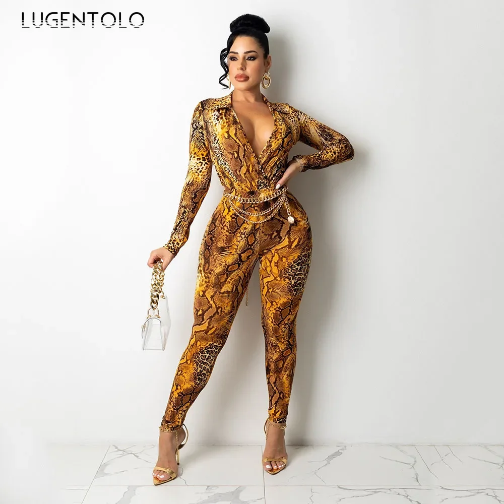 Women Fashion Jumpsuits Sexy Snake Print Lapels Deep V Long Sleeves High Waist Leggings Vintage Slim Fit Club Street Clothing