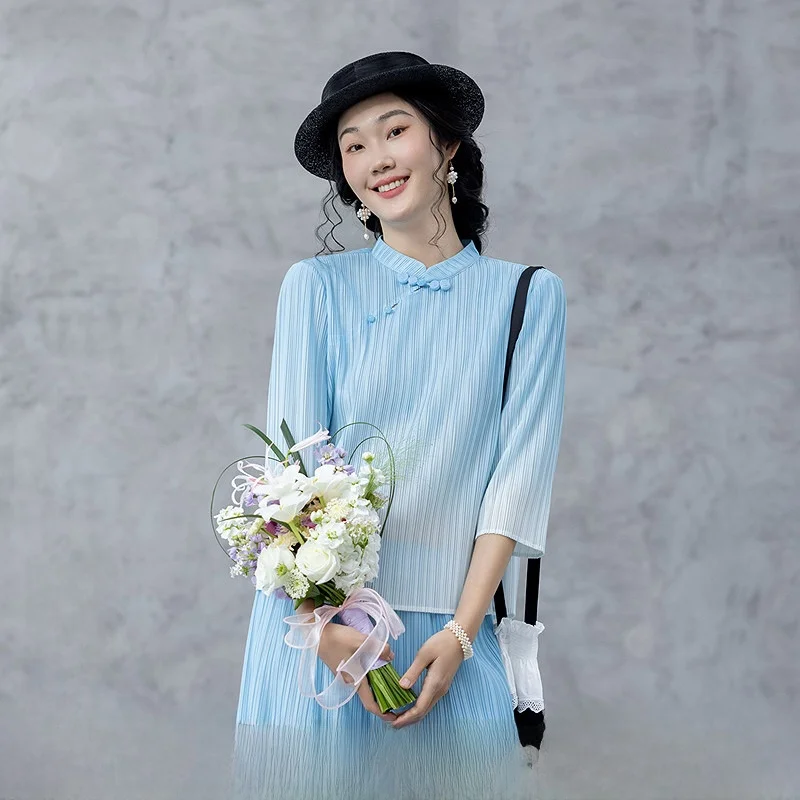 

adual Blue White Long Sve Women's irt Pleated Slim Fit New Chinese Sle Spring 2025 New Arrival a Life on the Left