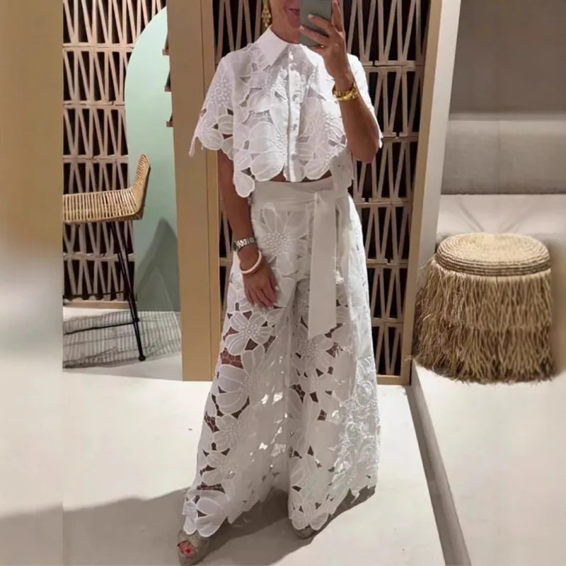 

Blouse Pants Suit Women Summer Solid Color Sexy Cutout Cardigan Wide Leg New Comfortable Minimalist Fashionable Niche Versatile