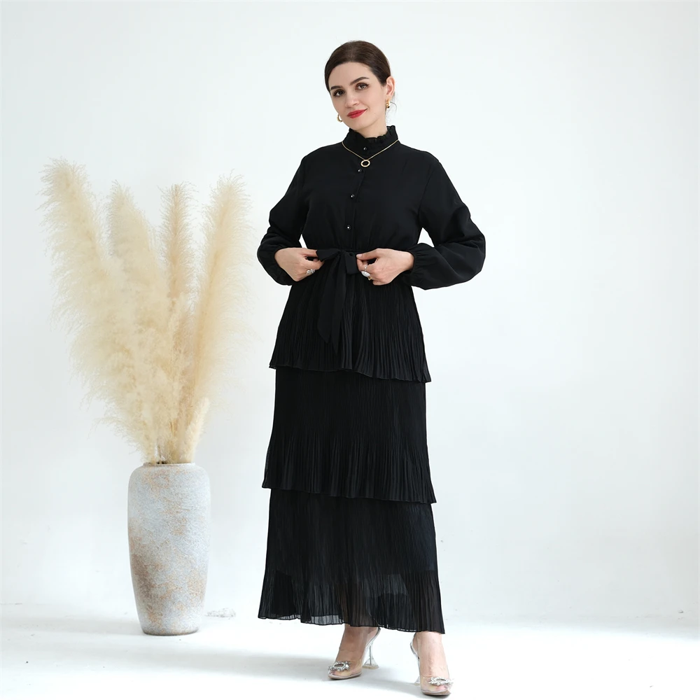 Ramadan moslim vrouwen geplooide chiffon maxi-jurk laag hoge hals abaya kaftan dubai kalkoen gewaad islamitische kleding vestidos kaftan