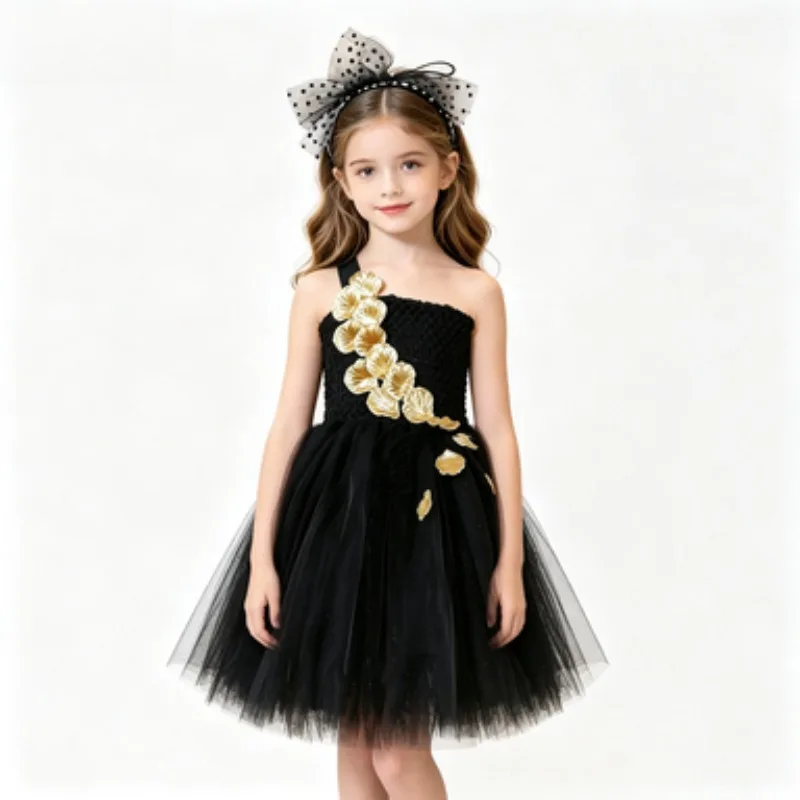 Little Girls' Black Princess Puffy Dress with Gold Ornamented Petals, Breathable Mesh Fabric, Elegant Party & Banquet Dress