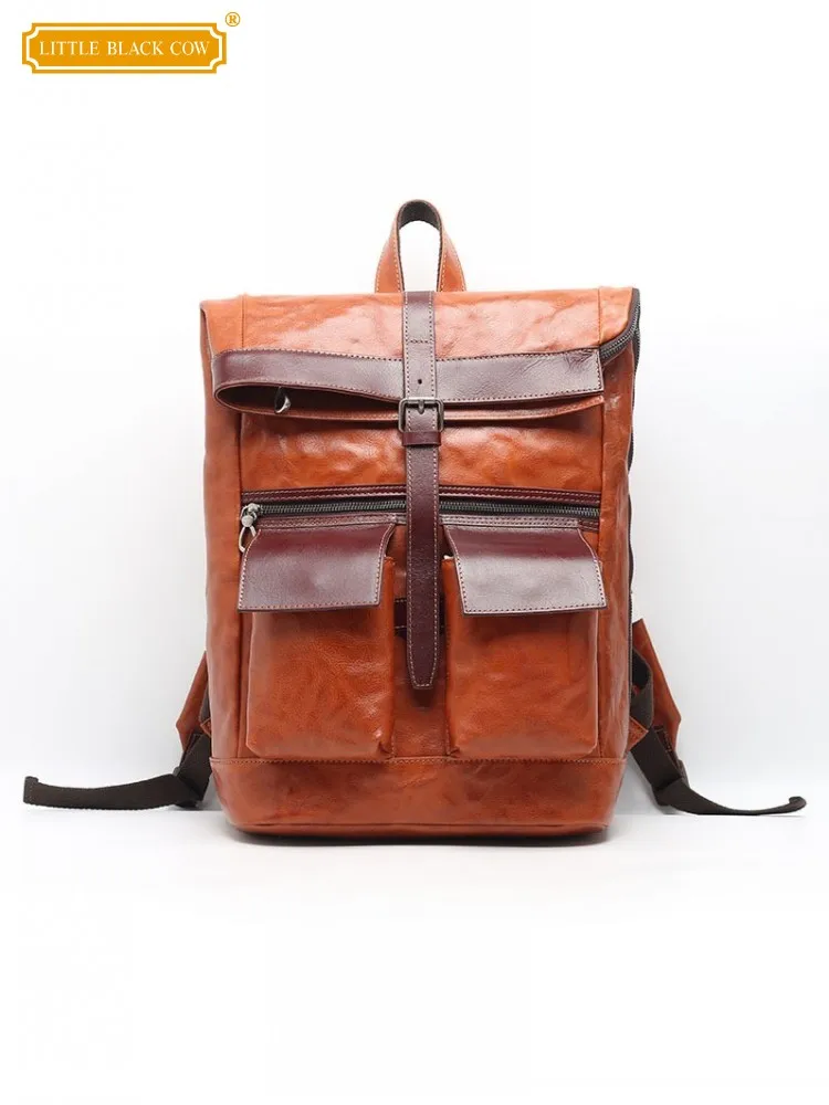 Casual Mens Backpack Personality Mixed Colors Unisex Cowskin Genuine Leather School Bag New Design Handmade Harajuku Backpacks