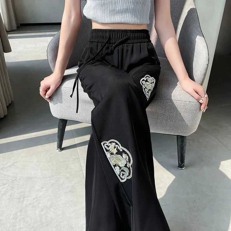 

Women Chinese Style Embroidered Wide Leg Pants Female Summer Female Loose Straight Cylinder Trousers Ladies Ice Shreds Pantalons