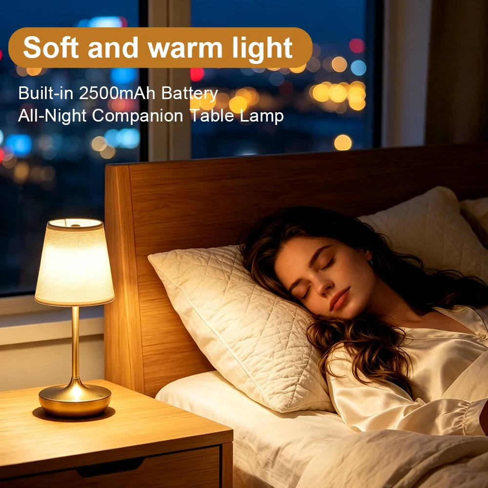 GGbingo Wiederaufladbare LED-Tischlampen Klassische Lampe 3 Farben Dimmbar USB Stofflampenschirm Schlafzimmer Nachttischbeleuchtung Dekoration Metall-Design – Bild 5