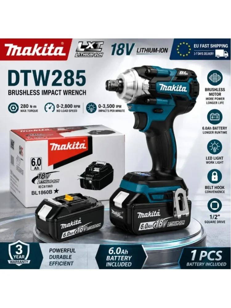 Makita DTW285Z Akku-Schlagschrauber 18V LXT 280N.m bürstenlos, leistungsstarker Elektroschrauber 1/2" mit 6,0Ah Akku für Auto, Werkstatt, Bau, EU-Lager, schneller Versand aus dem Lager in Polen