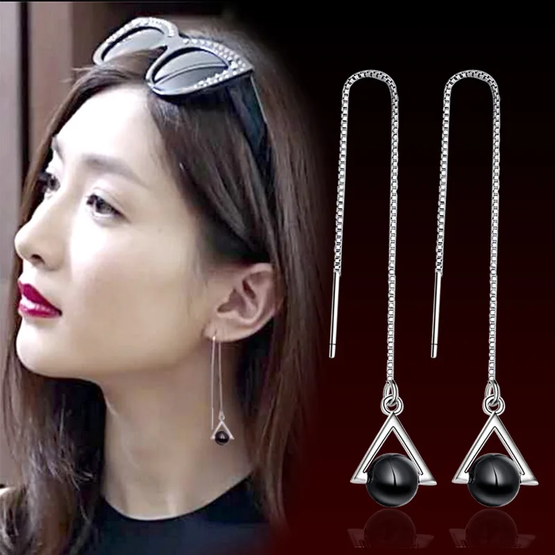 

Beautiful Triangle Geometric 925 Sterling Silver Jewelry Long Exaggerated Natural Black Crystal Tassel Dangle Earrings E184