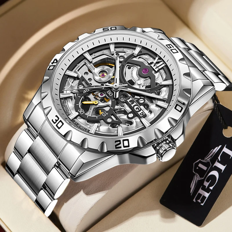 

LIGE простые роскошные мужские механические часы в стиле ретро со скелетонизированным циферблатом, модные деловые водонепроницаемые светящиеся наручные часы с автоматическим механизмом