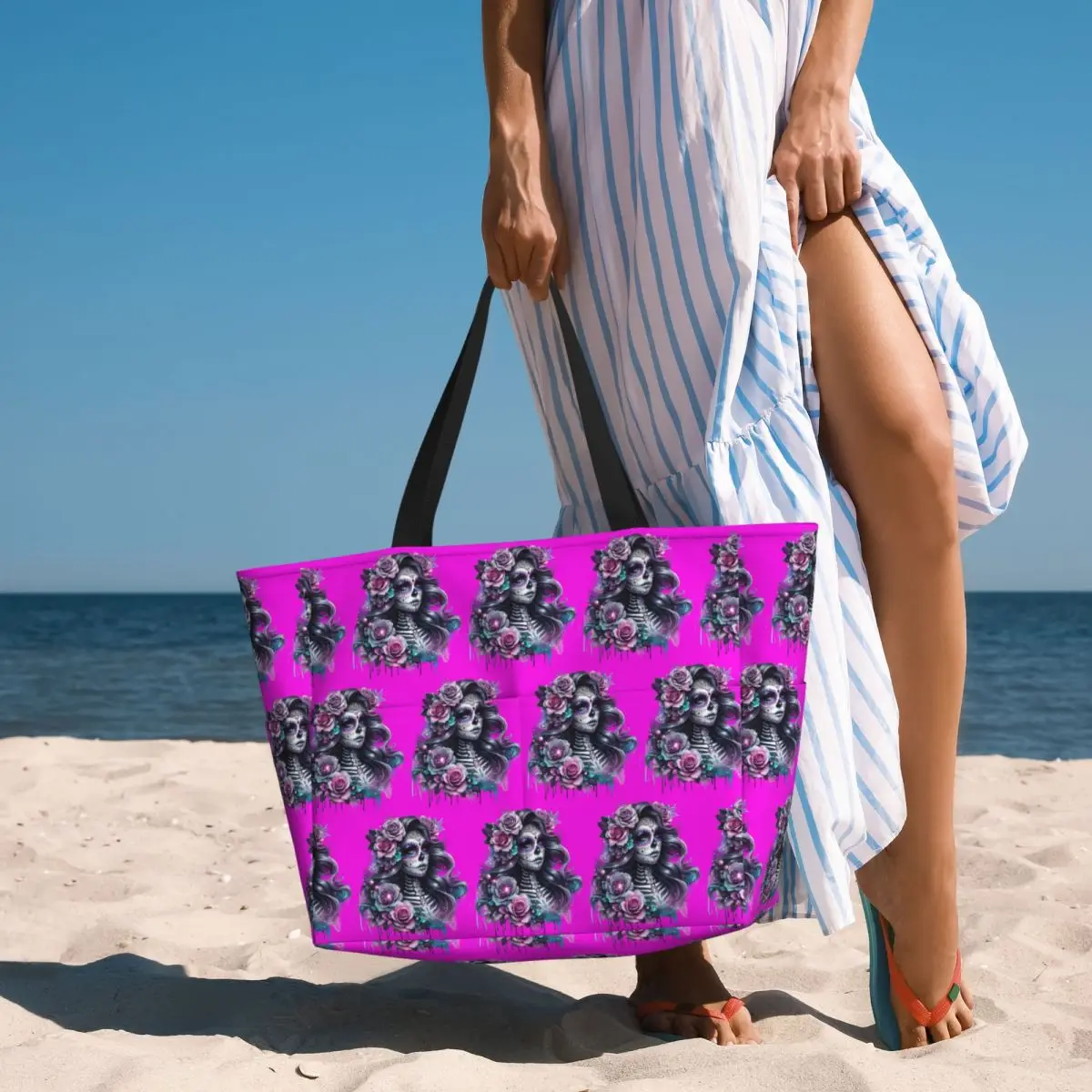 Gothic Day Of The Dead Girl With Roses Skull Beach Tote Bag Sport Gym Yoga Duffle Large Tote Bag Women Travel Bag Fitness bag