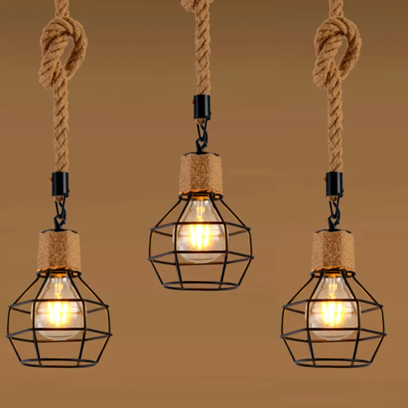 Vintage Iron Hemp Rope Iron Frame Single Head  Pendant Lights Dining Room Hot Pot Restaurant Retro Industrial Style Pendant Lamp