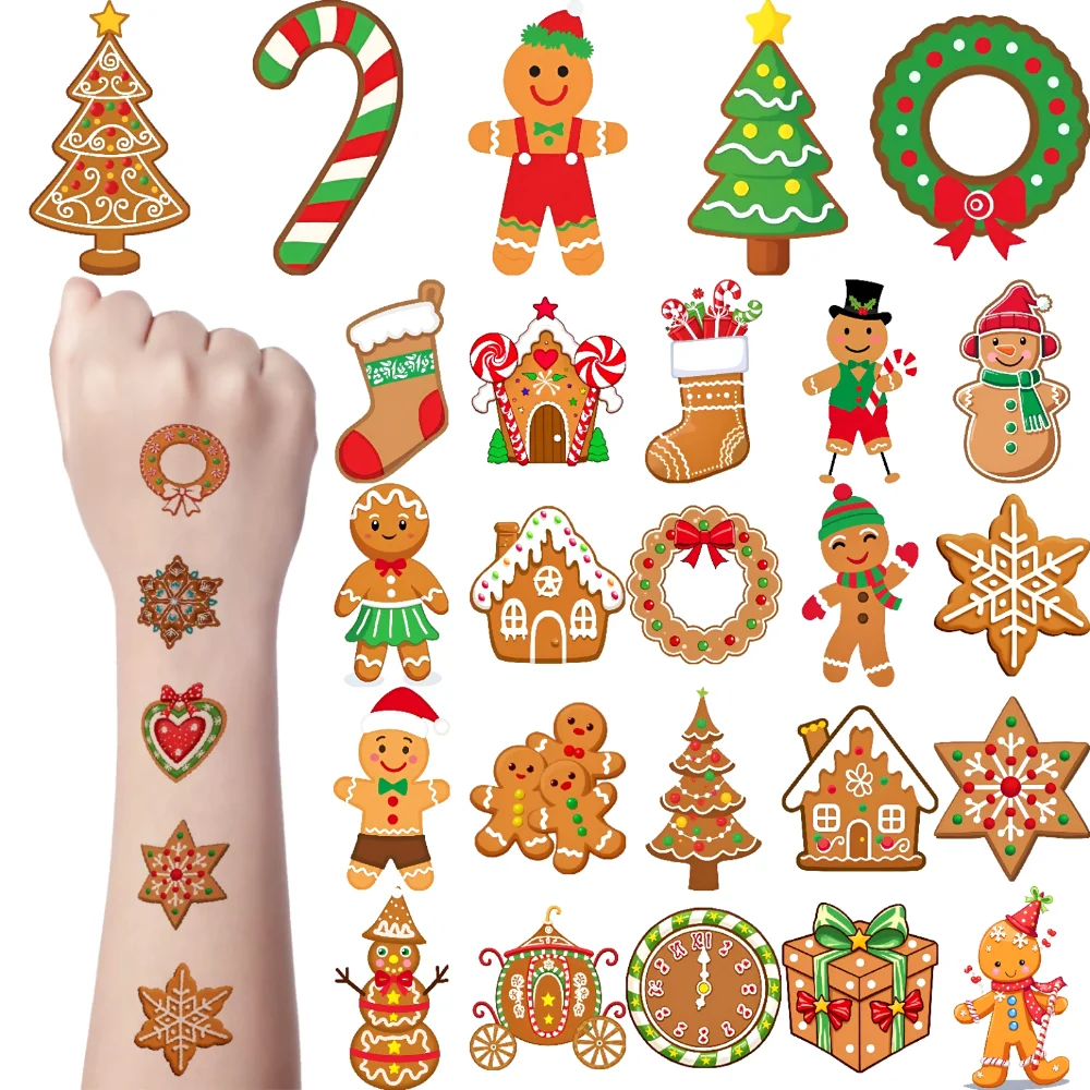 

54 шт., временные татуировки, конфеты, временные татуировки, наклейки, пряничный человечек, рождественская елка, мультфильм для щек