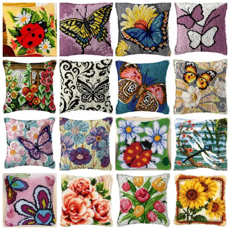 

Knot Pillow Package Latch Hook Kit Cushion Pillowcase Kussen Set For Needlework DIY Butterfly Flower Plant Series Latch Hook Kit