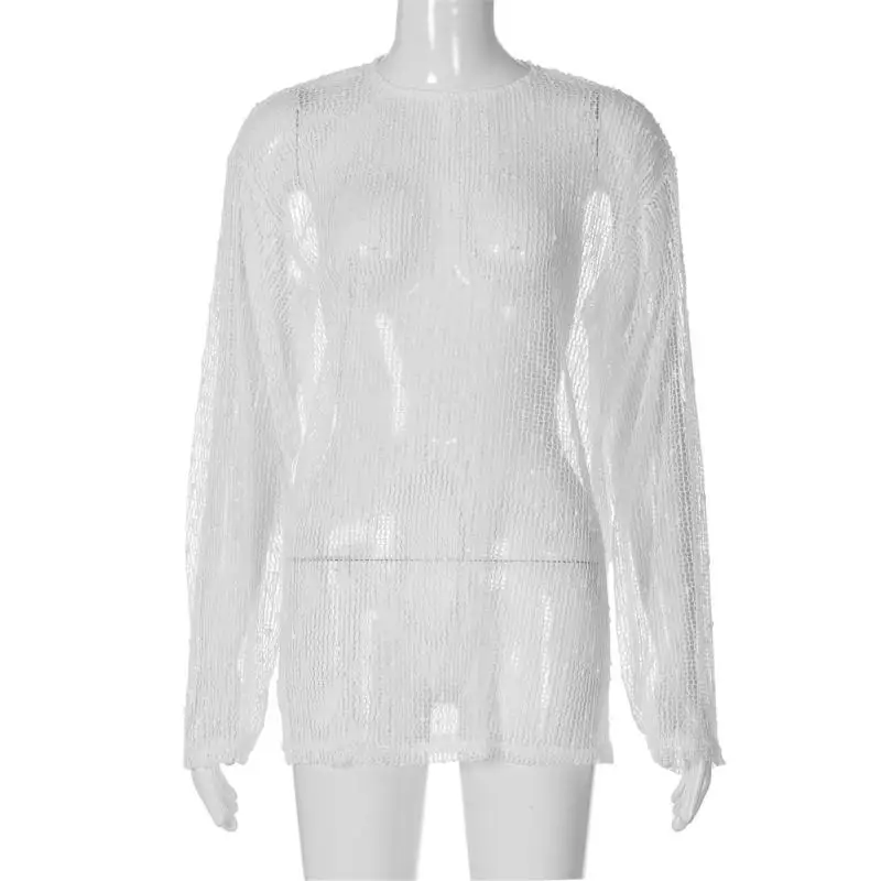 652F Women's Swimsuit Cover Up Hollowed Out Crochet Knit Bathing Suit Mesh Long Sleeve Sequined Pullover Beach Sweater Dress