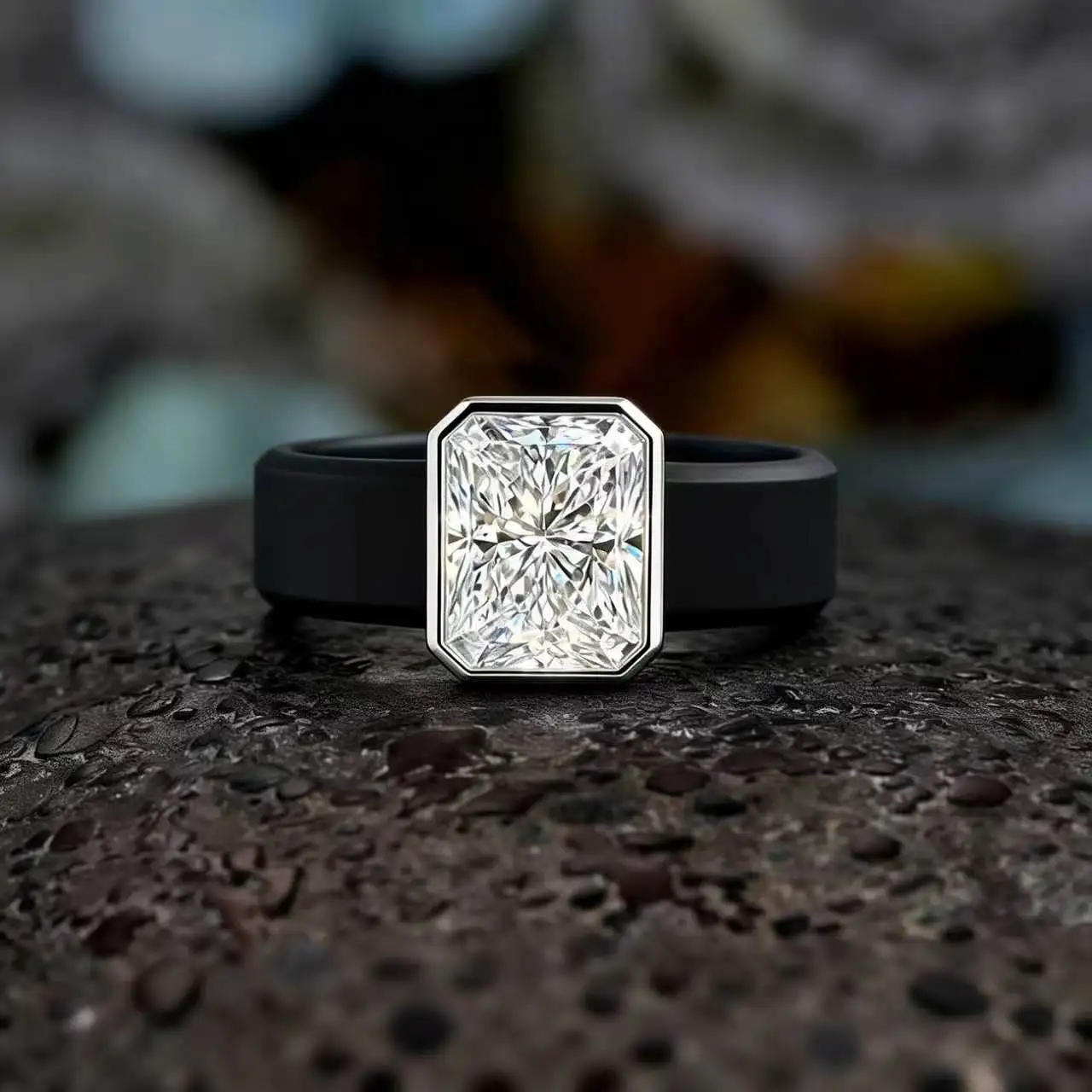 1pc 14K Golden Plated Women's Ring; Minimalist Princess-Cut CZ Black Silicone Ring; Perfect for Everyday, Anniversaries