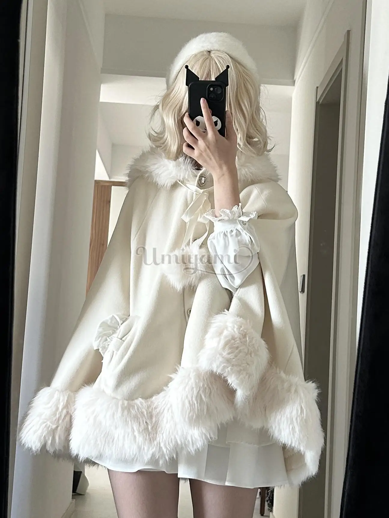 Japanese Style Cute Mine Mass-produced Capes Bow Love Button Rabbit Hooded Cloak Autumn and Winter Warm Thickened Lolita Jacket