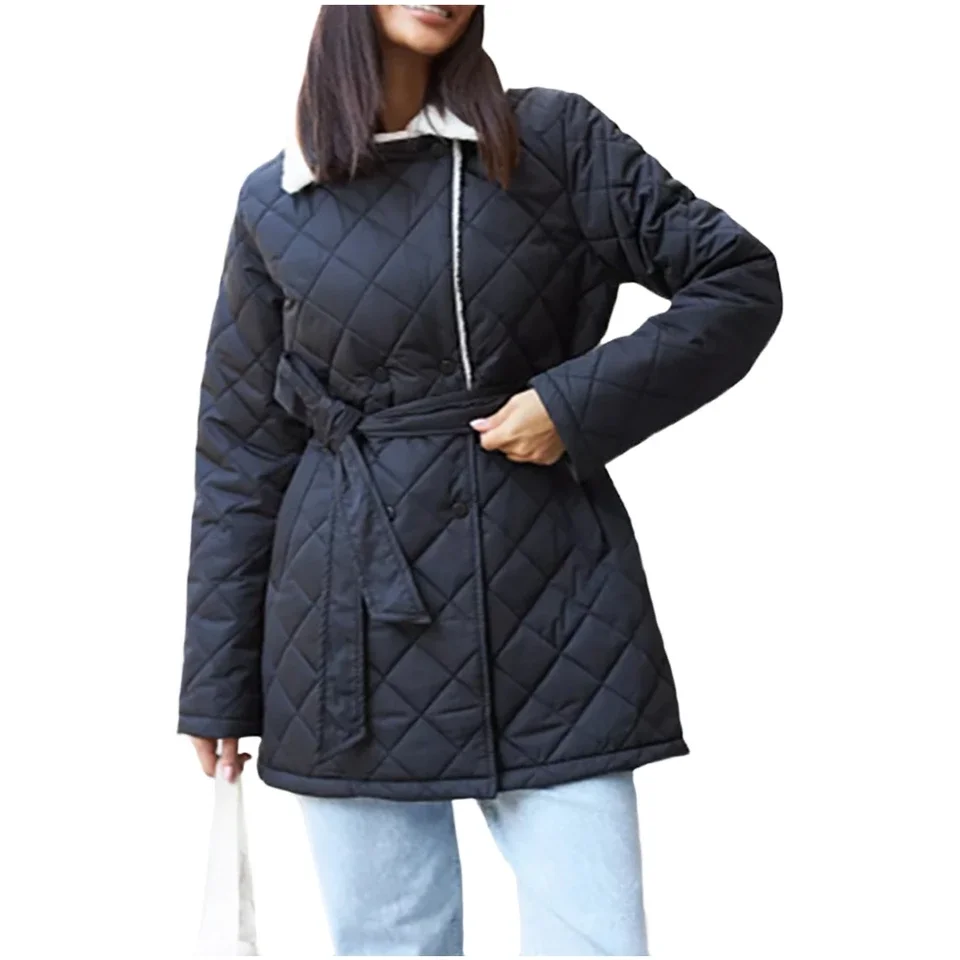 

Women Winter Warm Plush Mid Length Cotton Padded Coat Lapel Parka Casual Outdoor Outwear for Autumn and Cold Weather