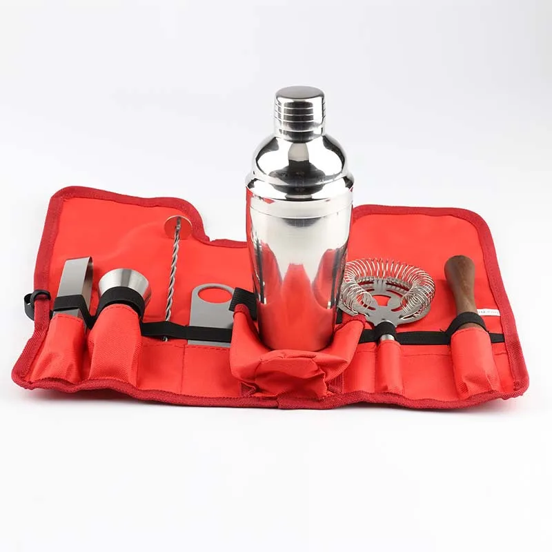 DEOUNY New 750ml Stainless Steel Barman Set Cocktail Shaker Bartender Tools With Red Cloth Bag 8PCS sets